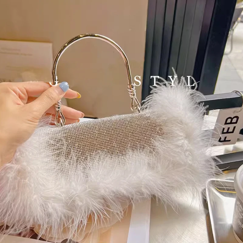 

Luxury Fur Water Diamond Women Bag 2023 New Diamond Embedding Evening Bag Fashion Design Full Diamond Shoulder Crossbodgy Bag
