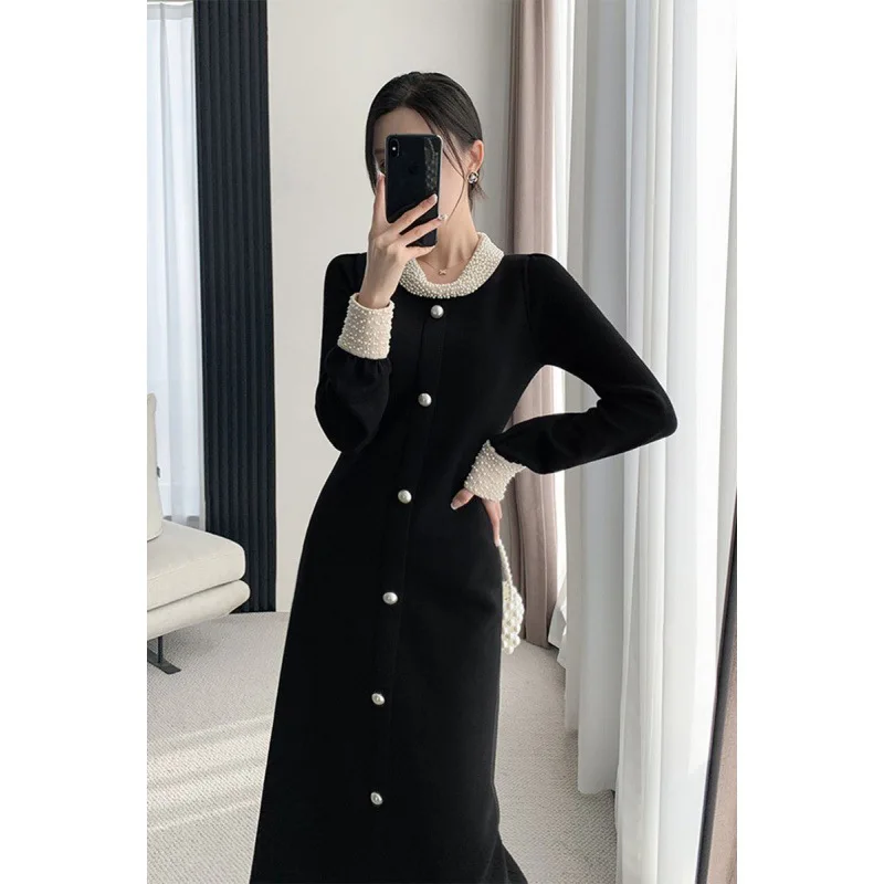 فستان أسود طويل متماسك كوري ياباني جديد لعام 2025 للنساء لربيع وخريف مصنوع بحرفية ثقيلة فساتين سوداء صغيرة غير رسمية فرنسية #1
