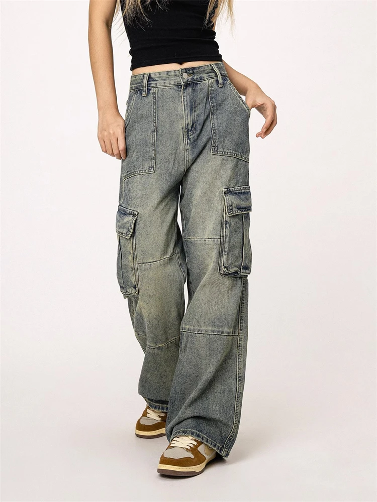 

Women's Multi Pocket Street Style Straight Blue Jeans Wide Legs Unisex Trousers Cool Girl Casual Bottoms Female Denim Pants