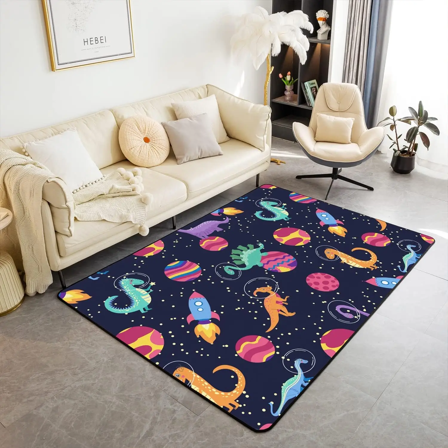 Cartoon Dino Area Rug Galaxy Outer Space Living Room Rugs for Bedroom Home Decorative Kawaii Dinosaurs Solar System Carpet
