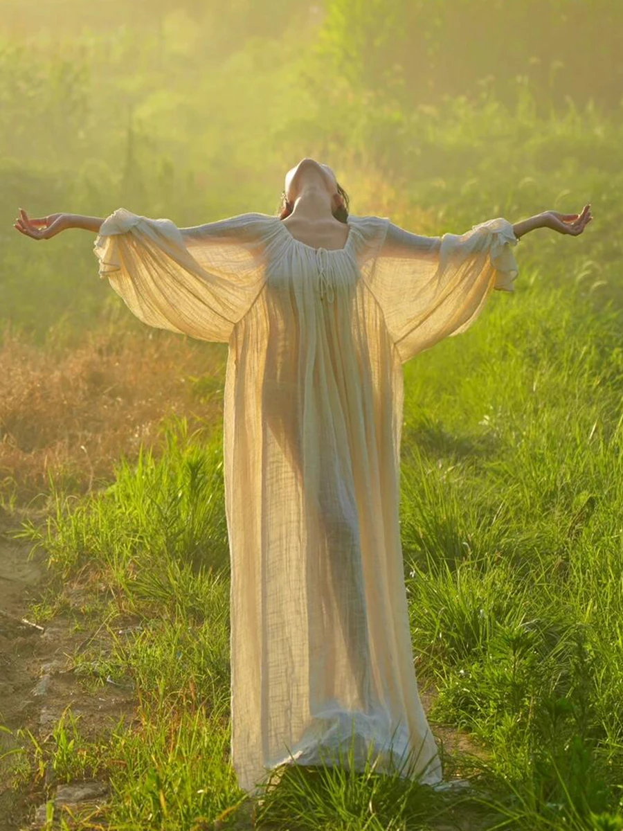 REDDACHiC Grecian Flowy Dress for Woman Linen Puff Sleeve Drawstring Solid Maxi Long Loose Sundress Boho Holiday Lounge Clothes