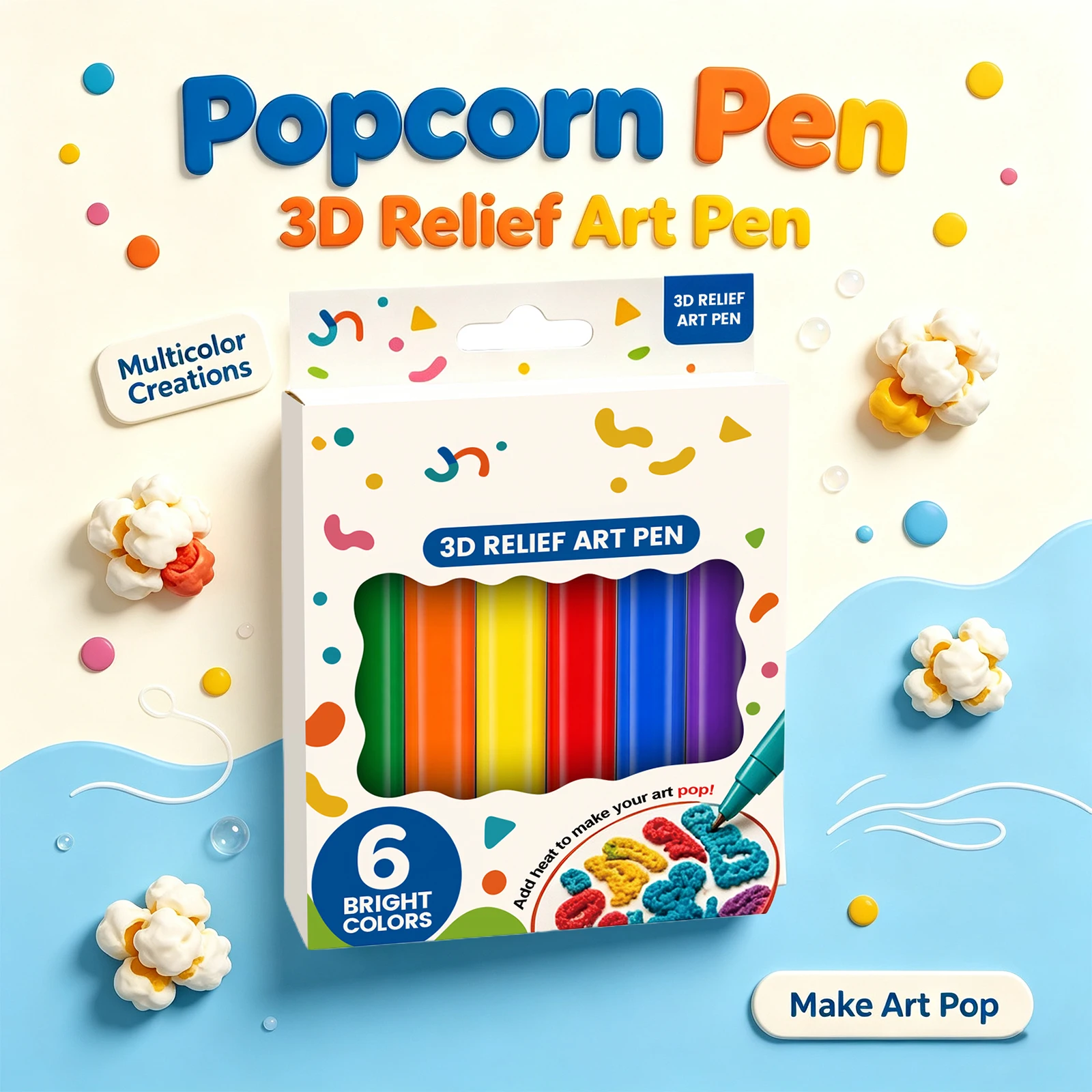 ​3D Relief Art Pen DIY Bubble Popcorn Painting Pen for Kids Hand‑made Crafts Card Decorations, Scrapbooking Art Supplies 6 Color