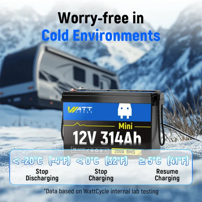 Akumulator litowo-żelazowo-fosforanowy (LiFePO4) Wattcycle 12V 314Ah Mini z BMS 200A, 4,01 kWh energii, do kamperów, łodzi, jachtów, akumulator LiFePO4 o pojemności 300Ah +