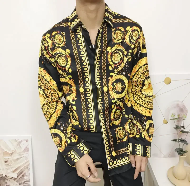 2023 New Fashion Men\'s Dress Shirts Hipster Long Sleeve Fancy Luxury Design Baroque Floral Print Wedding Party Prom Shirts