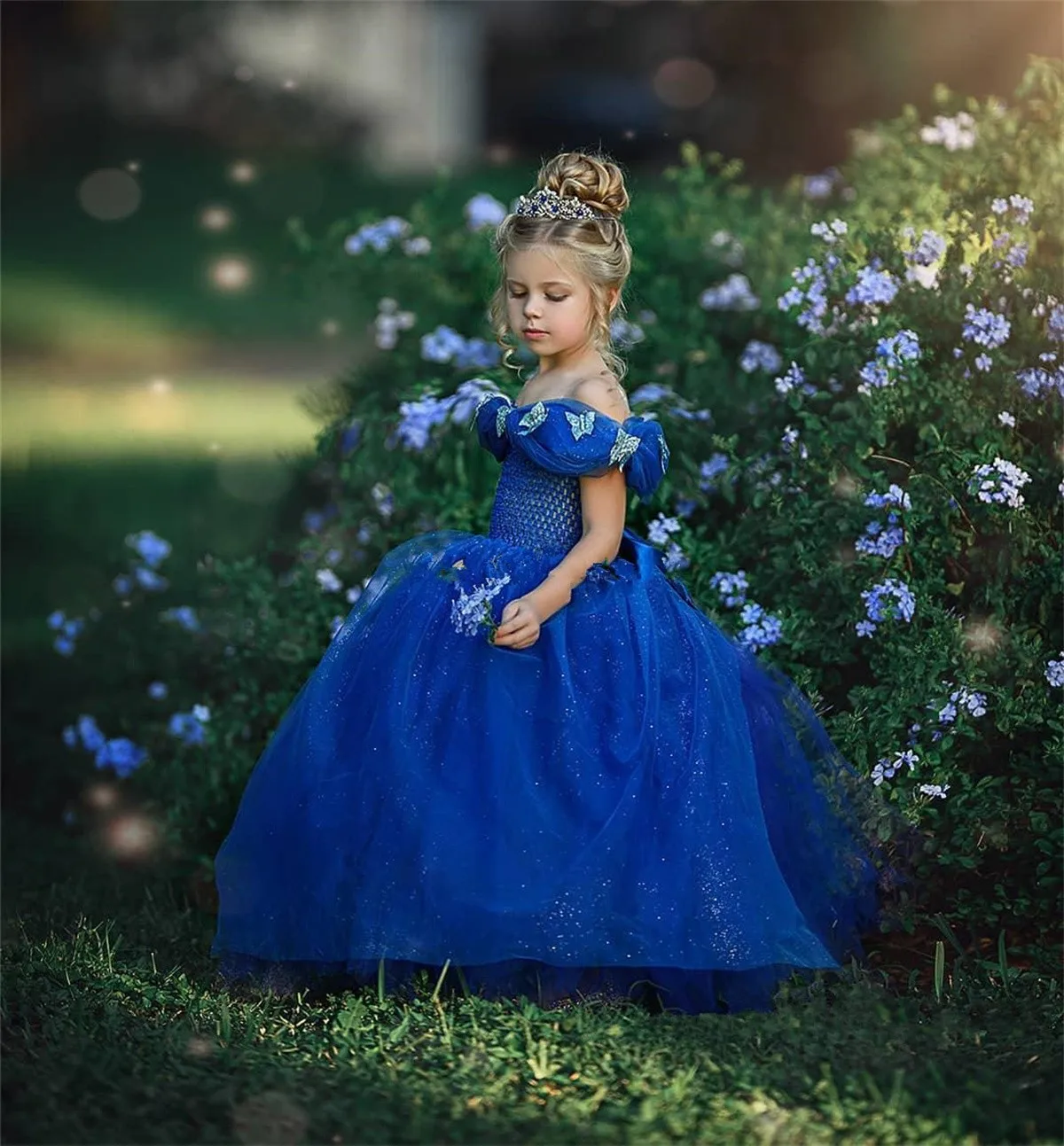 Glitter Flower Girl Dress Blue Tulle Puffy Applique Floor Length With Bow Birthday Party First Communion Ball Gowns Wedding Wear