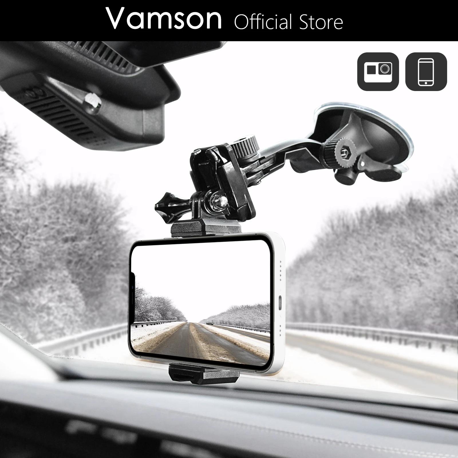 Vamson for Go Pro 12 11 10 Accessories Mobile Phone Car Bracket Car Suction Cup for Insta360 X3 One X2 for SJCAM DJI OSMO Action