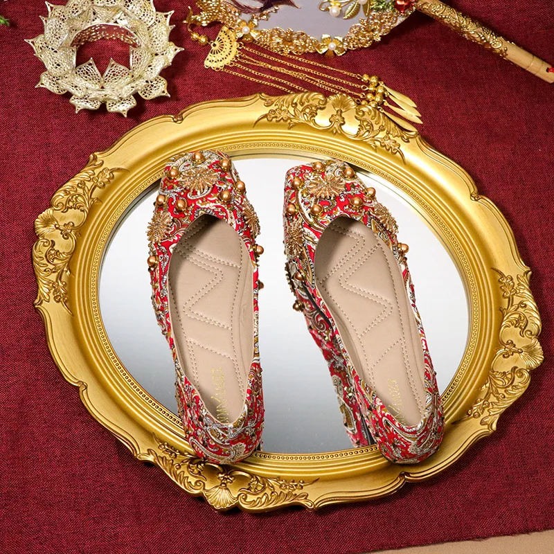 Luxurious design pearl hoop buckle wedding flats women pointed toe shallow mouth glitter ballet shoes plus size