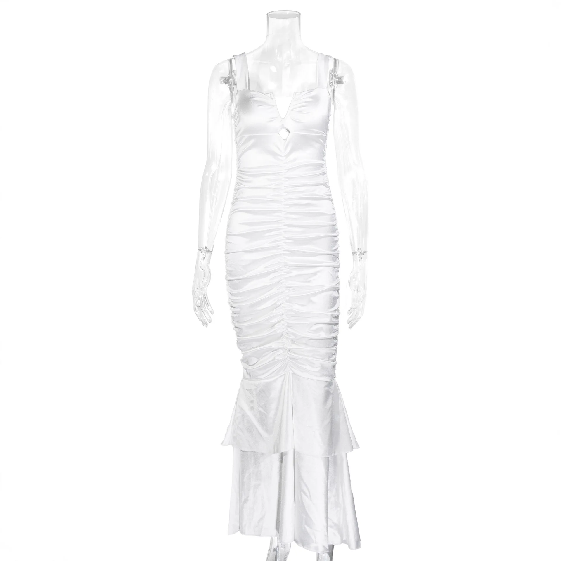 Vestido Longo Novo Estilo Europeu e Americano, Sexy, Tomara que Caia, Sem Mangas, com Babados, Recortes e Efeito Modelador, Decote nas Costas