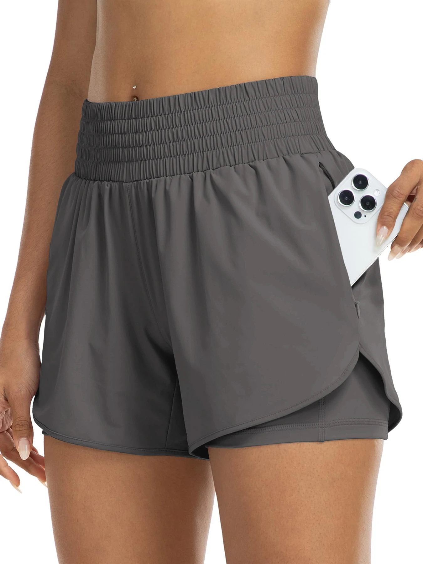 Dames atletische shorts met hoge taille voor hardlopen, yoga, gelaagd ontwerp, anti-blootstelling, fitness en training met zakken
