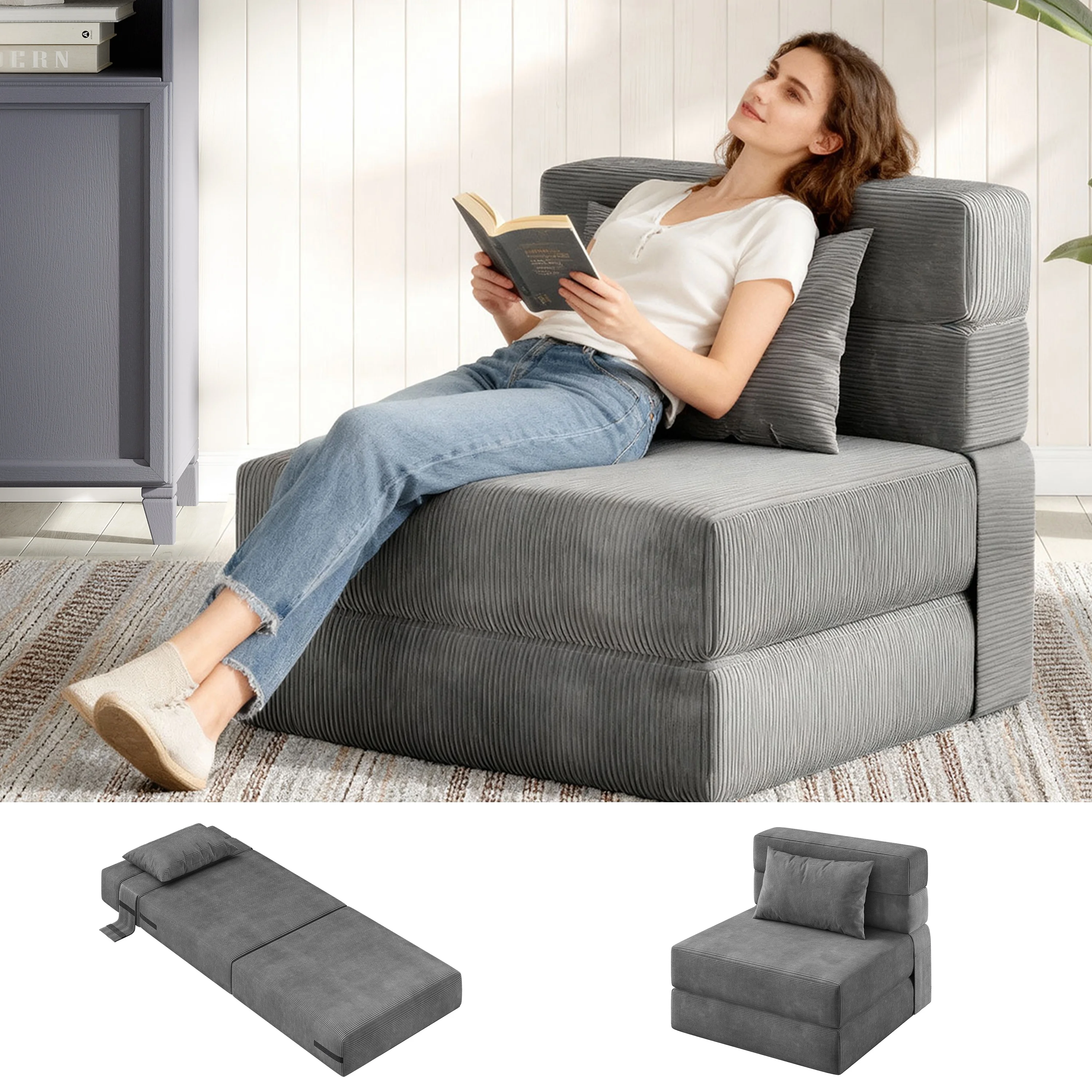 4-in-1 Convertible Sofa Bed & Sleeper Chair, Space-Saving Corduroy Loveseat, Tufted Floor Lounger with Pillow, Ideal for Living Room, Bedroom, Guest Room, Small Apartment, Dark Gray