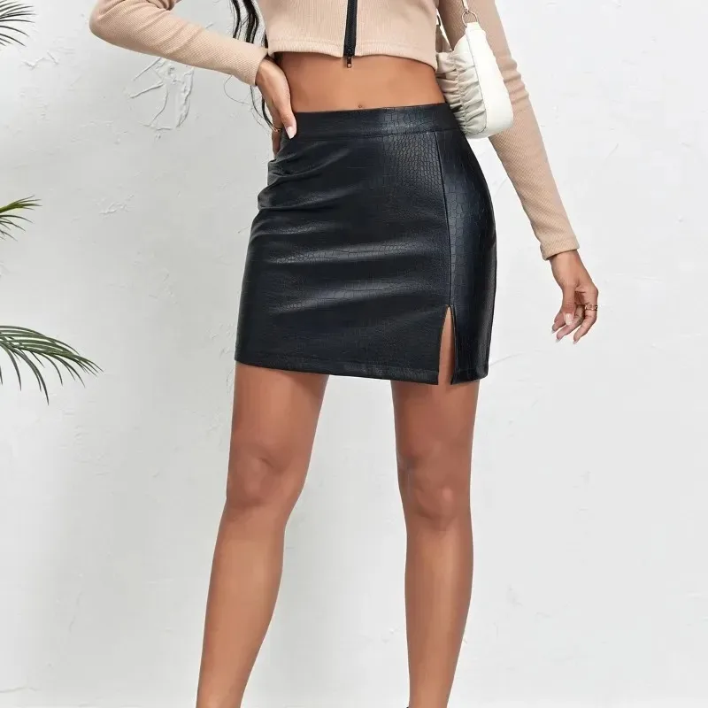 

Trendy Crocodile Print PU Leather Skirt Women's Sexy High Waist A Line Mini Skirt with Side Slit Zipper Bodycon Party Outfit
