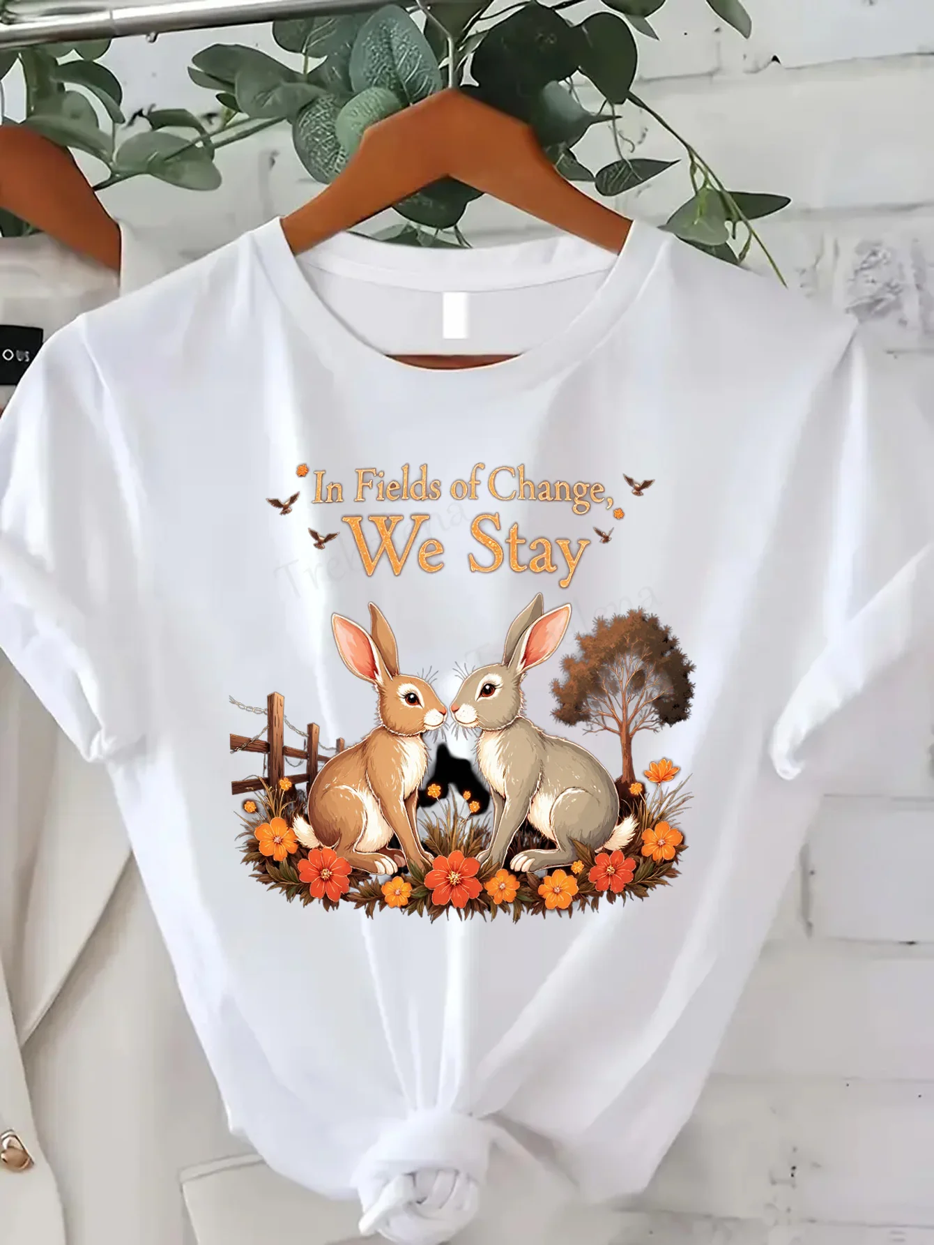 

Comfortable Women's Print T-shirt Cute Bunny Couple T-Shirt "In Fields of Change, We Stay" Autumn Floral Design
