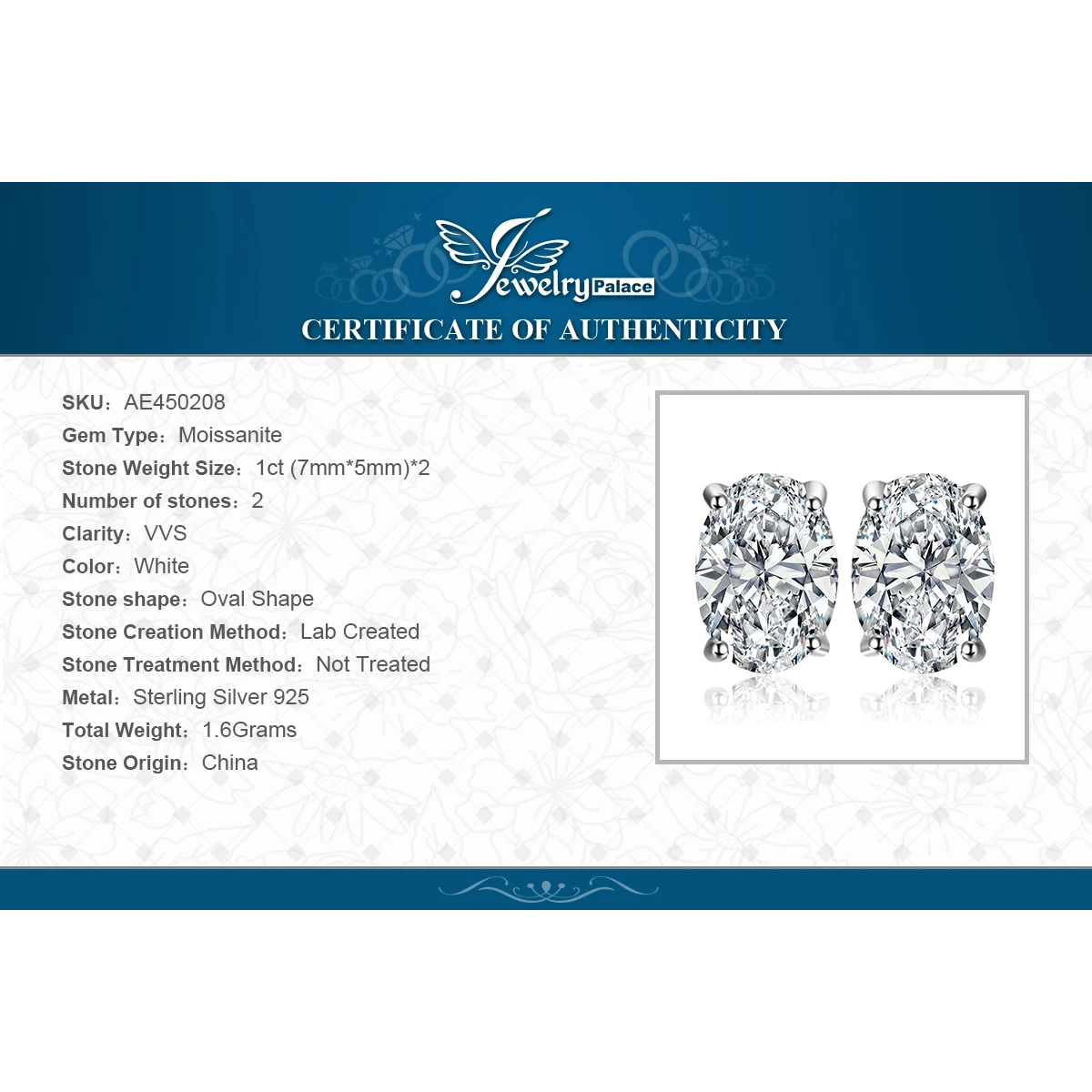 JewelryPalace Moissanite D Color Total 2ct Oval 925 Sterling Silver Stud Earrings for Woman Fine Jewelry Yellow Rose Gold Plated