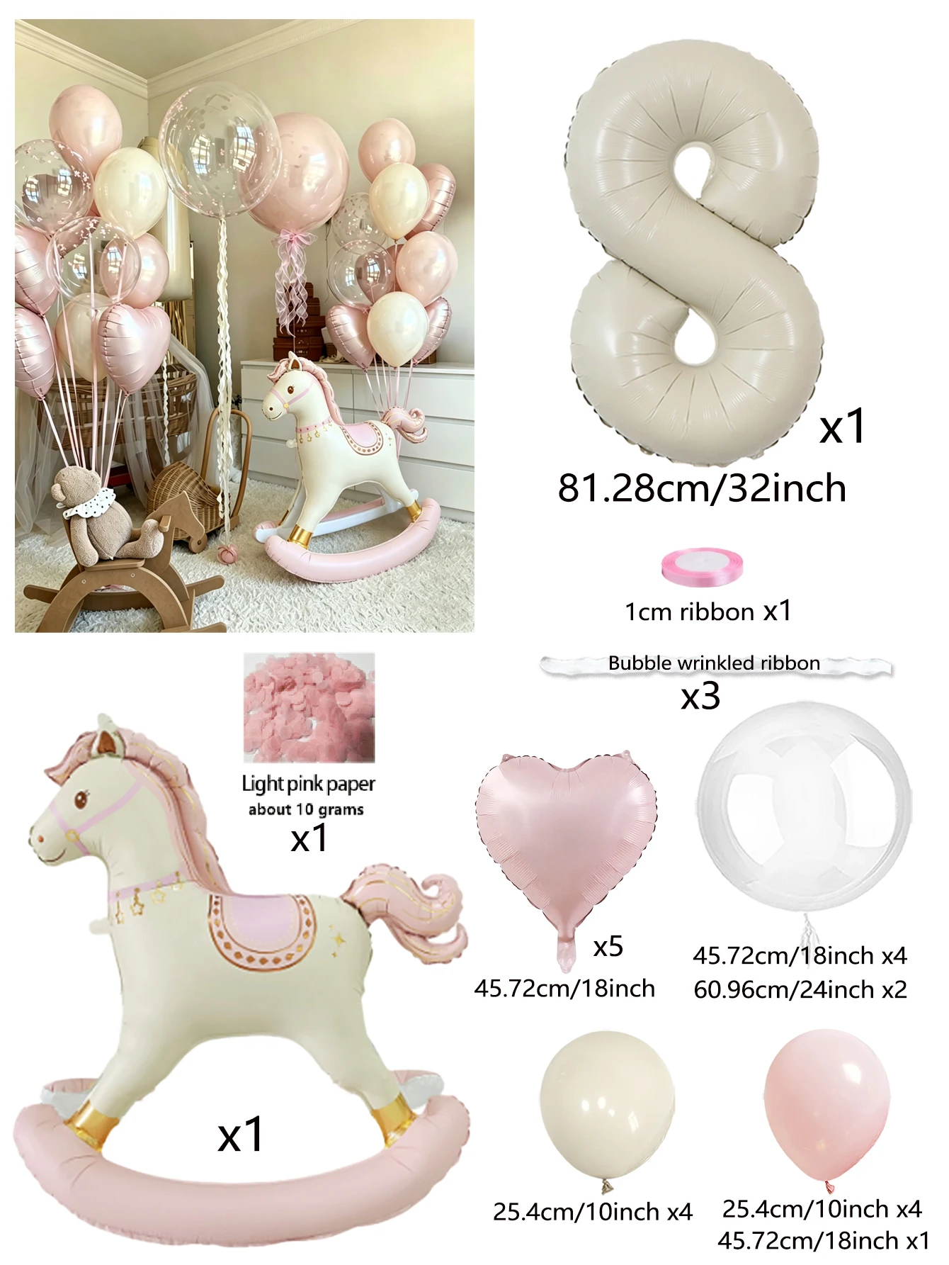 Rosa Trojaner-Ballon-Set, Rosa Schaukelpferd-Folienballon, Rosa Herzballon für Geburtstagsfeier, Babyparty-Dekoration