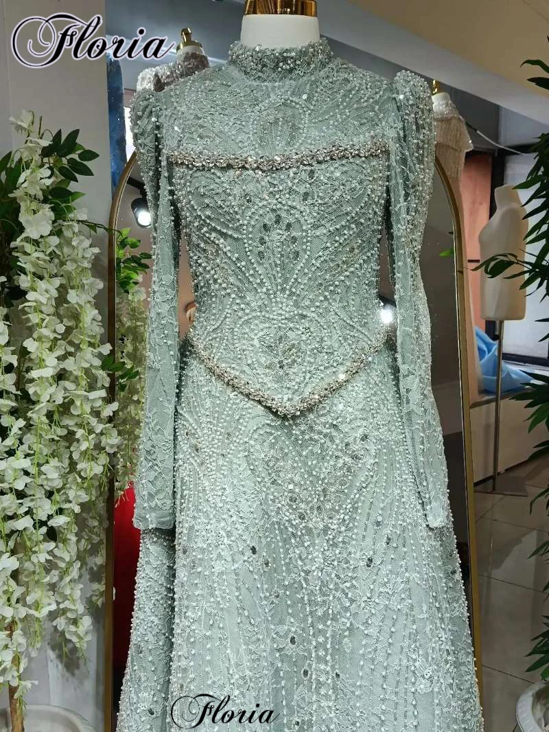 Robes de soirée vert sauge, coupe trapèze, col haut, manches longues, style Dubaï, robes de bal, couture turque, robes de soirée personnalisées