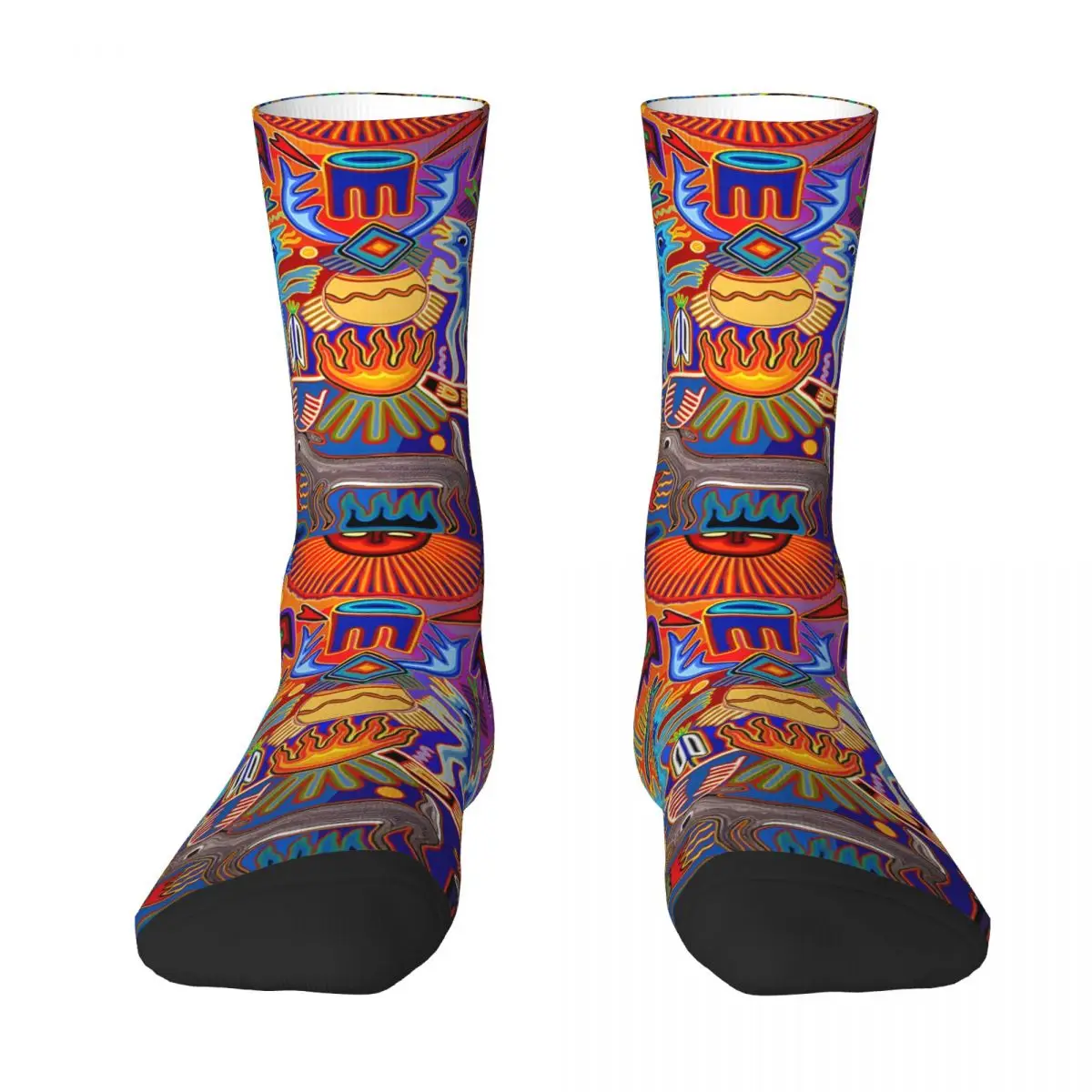 Calzini da uomo divertenti sciamano Del Sol Hunter Vintage Harajuku Huichol Art Street Style Seamless Pattern Crew Crazy Sock Gift stampato