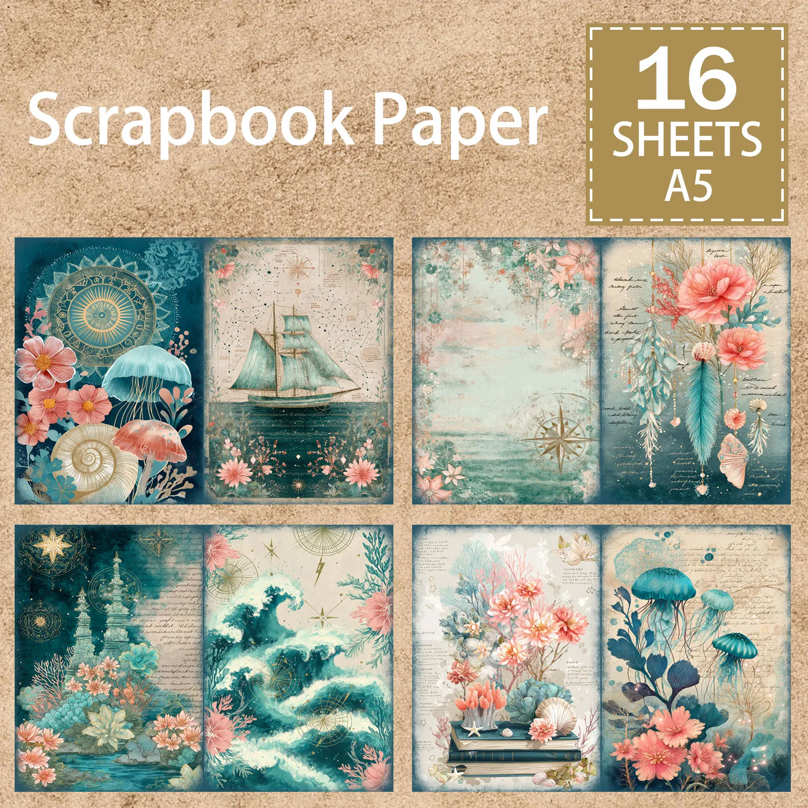 

16 листов формата А5, синяя медуза, устрица, лодка, фон, винтажный гранж, журнал, планирование, скрапбукинг