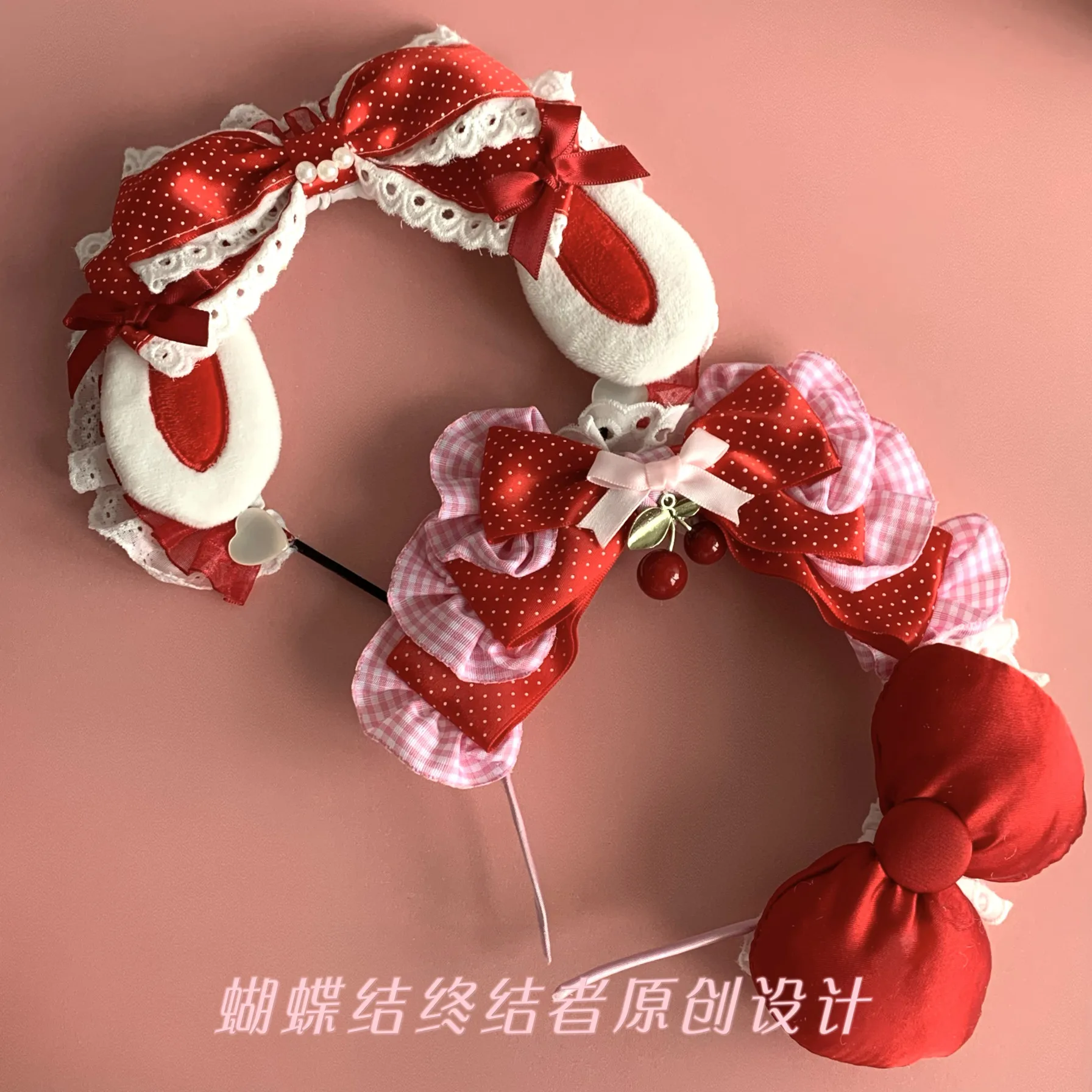 

Original Handmade Red White Cherry Polka Dots Ancient Three-dimensional Headband Cotton-filled Bow Pearl Cat Ear Maid Headband
