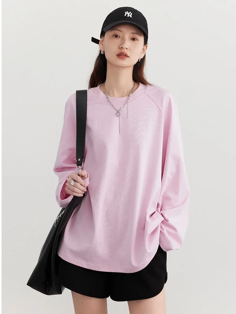 CHIC VEN Women T-shirt Solid New Simple Loose Round Neck Cotton Raglan Long Sleeve Pullover Female Top Spring Autumn 2024