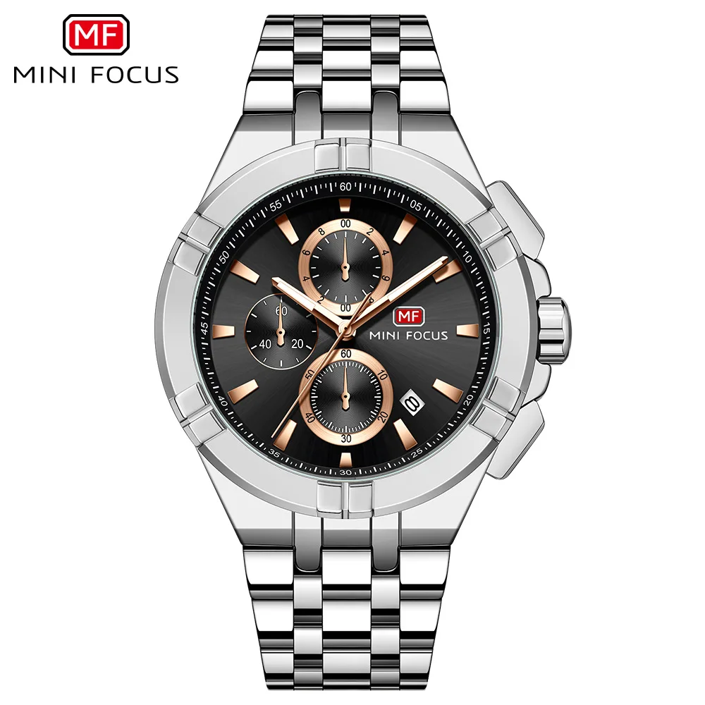 MINI FOCUS 0471 Men Quartz Watch Silvery Gold Stainless Steel Chronograph Date Luminous Waterproof Wristwatch for Male