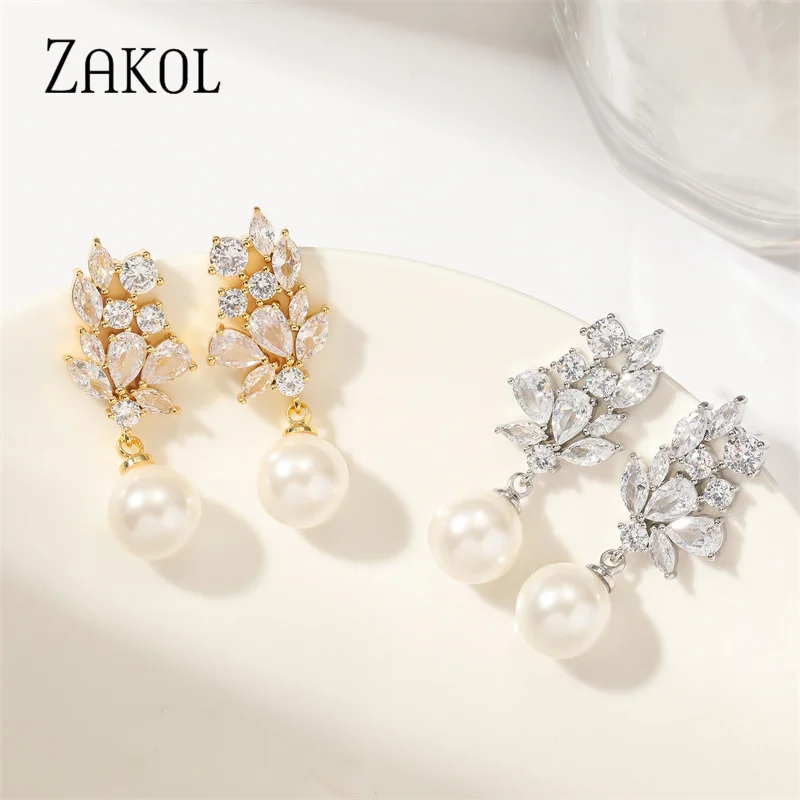 ZAKOL Fashion Round Imitation Pearl Pendant Earring for Women Shiny Crystal Zircon Flower Earrings Wedding Party Jewelry