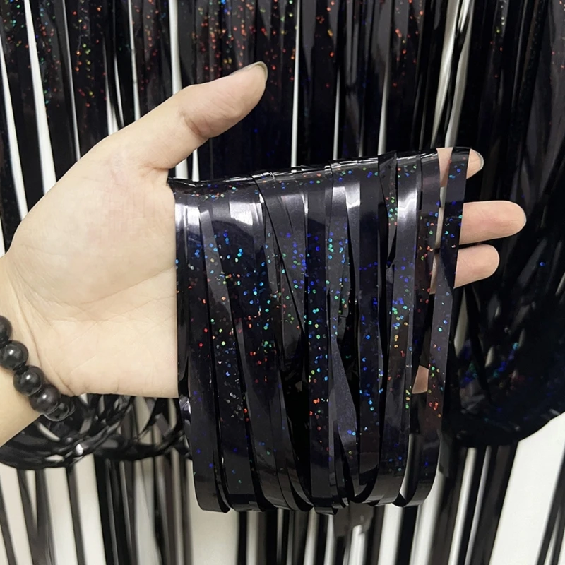 1 confezione Black Metallic Tinsel Foil Fringe tende Photo Booth puntelli Halloween Birthday Holiday Party Celebration Decor all'ingrosso