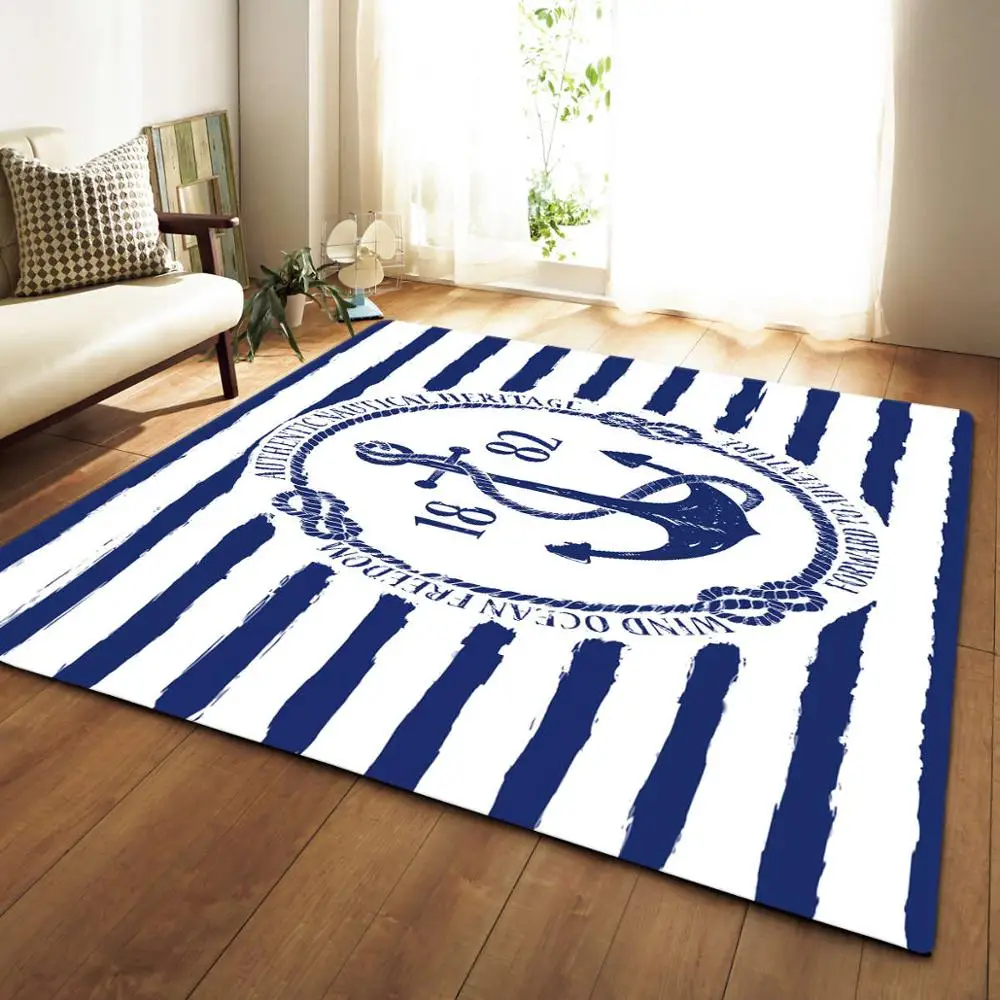 

Navy Blue Anchor Striped Living Room Area Rug 3D Carpet Boys Bedroom Rug Balls Planet Kitchen Floor Mat Children's Room Play Mat