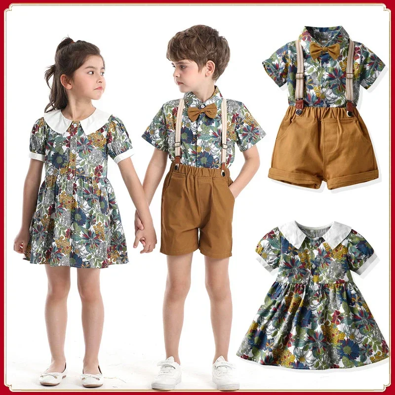 Brother and Sister Matching Summer Kid Children Clothes Baby Boy Floral Short Sleeve Shirt + Shorts Suit Baby Girl Flower Dress