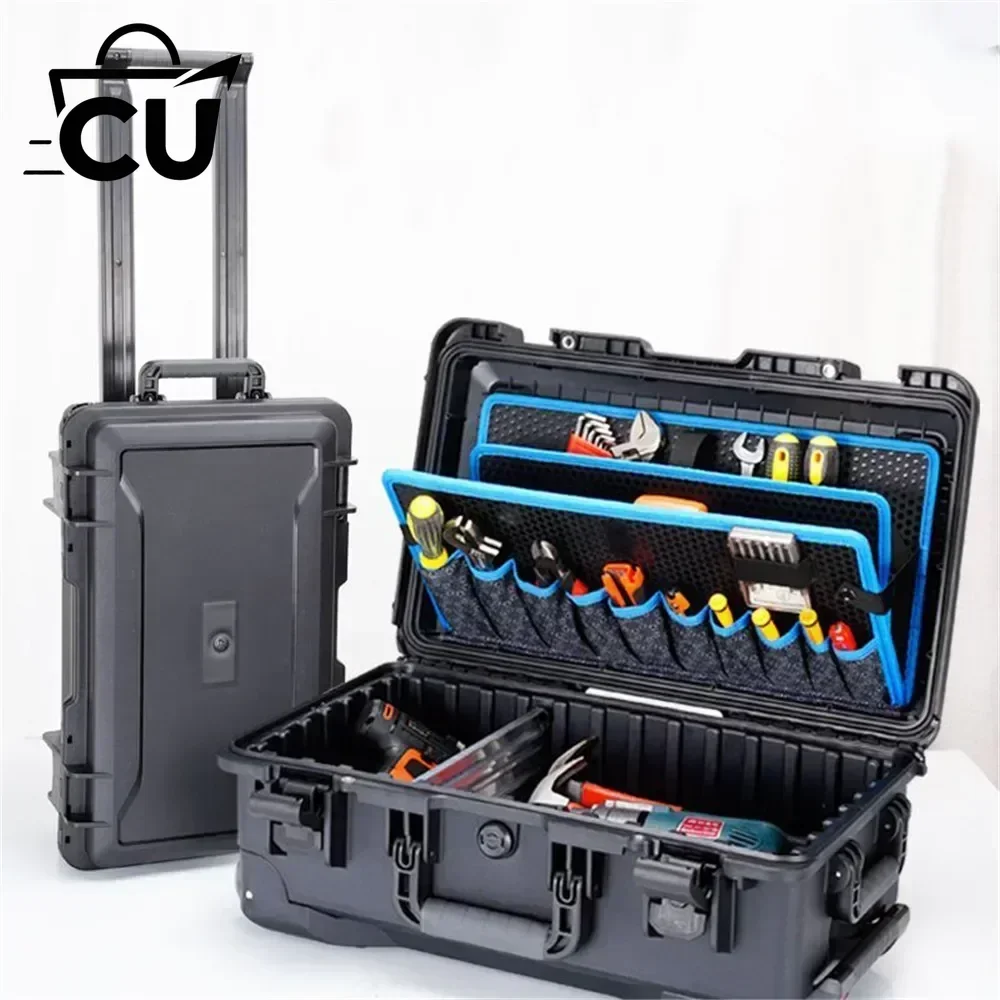Tool Box Outdoor Hard Case with Trolley Pocket Boards Wheel Electrician Tools Chest Organizers Electric Drill Garage Storage
