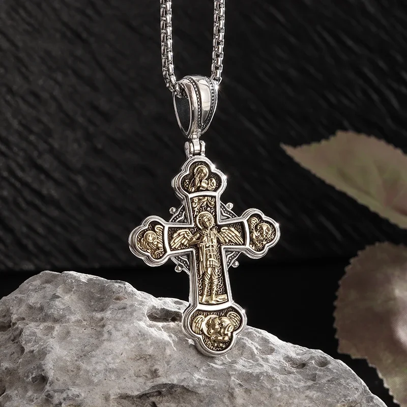 Archangel Michael Cross Pendant Vintage Catholic Necklace Men's and Women's Religious Prayer Faith Amulet Jewelry