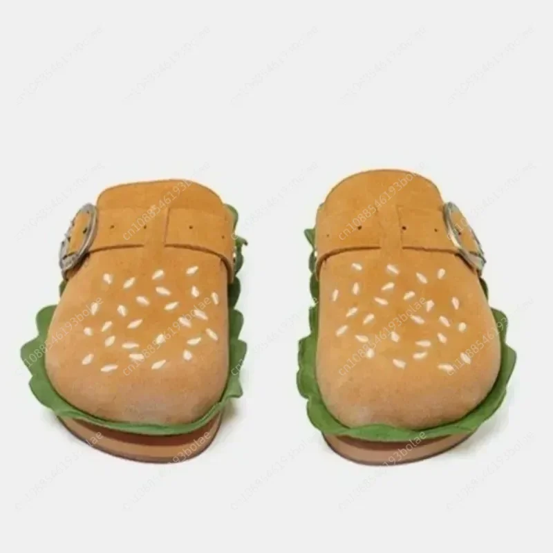 Slippers Woman Yellow Hamburger Fashion Adult Metal Belt Buckle Soft Flat Outwear Thick-Soled Lover Cute Cosplay Costumes Shoes