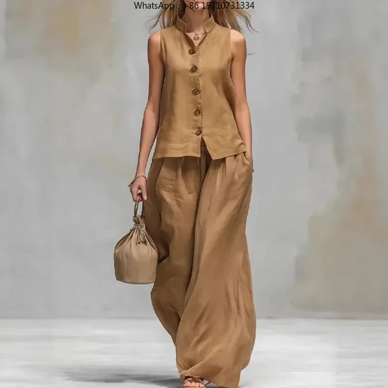 Vestidos Stand Collar Sleeveless Vest Top and Wide Leg Pants Cotton Linen Two Piece Set Summer Women Vest & Pan Two Piece Outfit