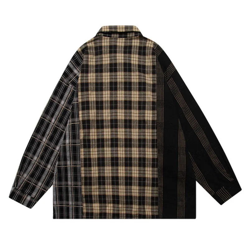 Camisa de algodão de manga comprida xadrez masculina, streetwear hip-hop, patchwork, harajuku, vintage, casual, camisas soltas, verão, 2024