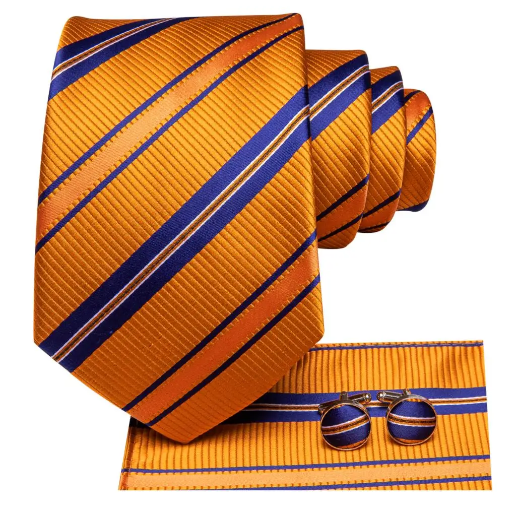Striped Orange Tie For Men 2023 New Elegant Mens Necktie Pocket Square Cufflinks Groom Wedding Accessory Hi-Tie Design Wholesale