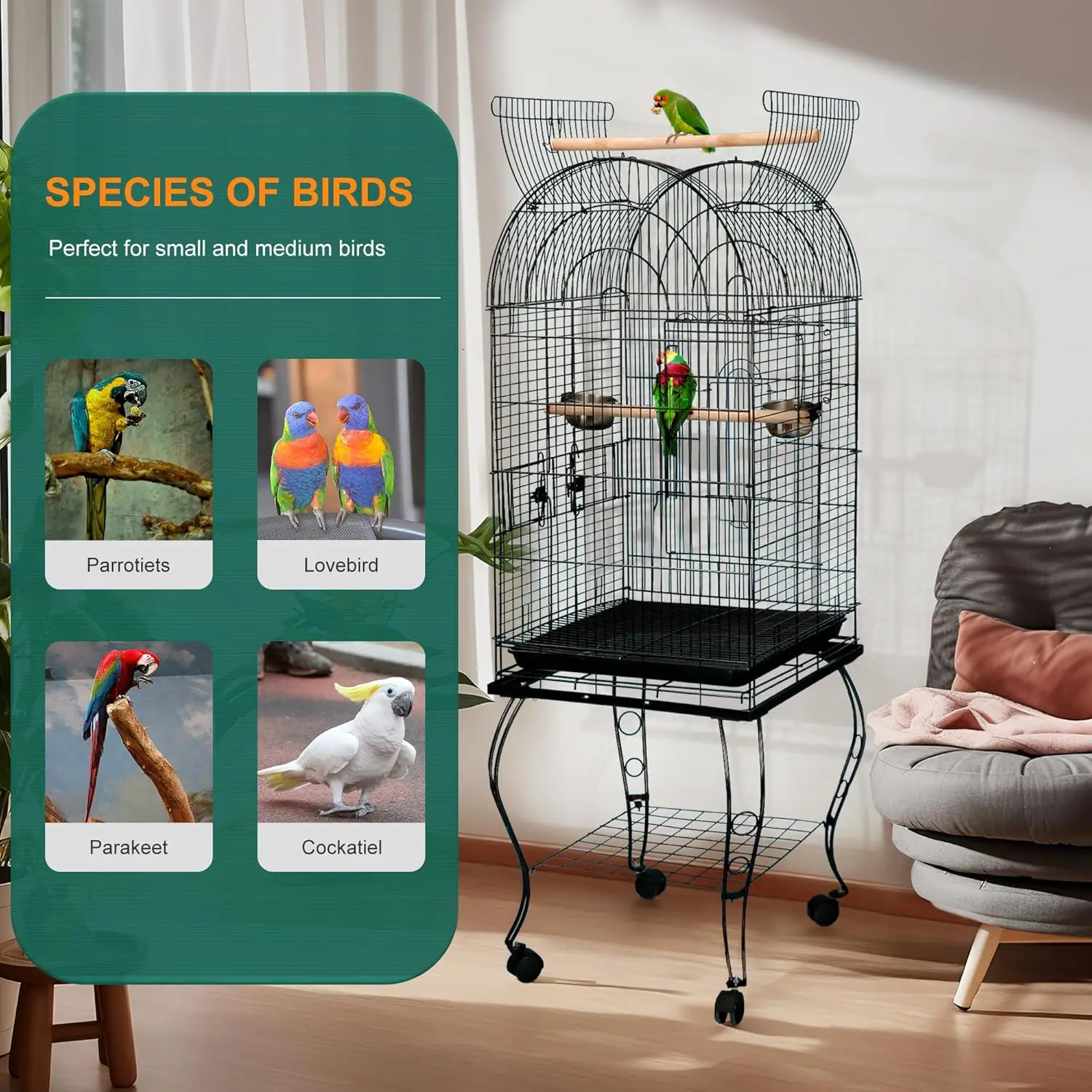 ZENY 63.5 Inch Open-Top Birdcage, Wrought Iron with Slide-Out Tray, Detachable Rolling Stand for Parrots, Parakeets, Cockatoos