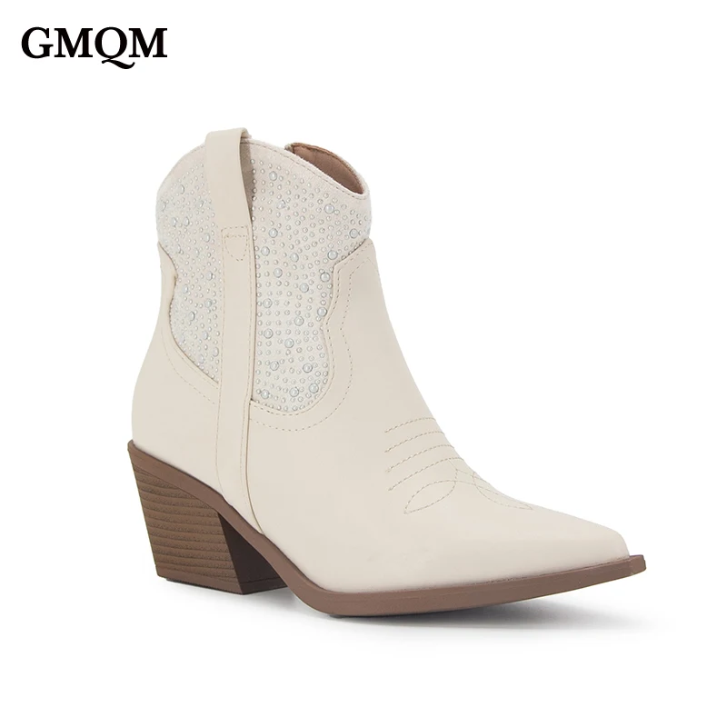 GMQM Fashion Western Cowboy Boots 2023 New Ankle Boots Zipper Pointed Toe Rhinestone Embroidered High Heels Riding Bike Shoes