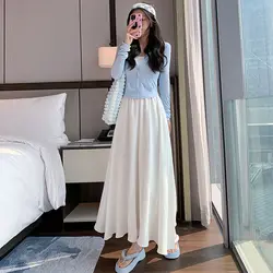 Simplicity Casual Summer Solid Women's Elastic Waist Pleated Fashion Breathable Loose High Waist Wide Leg Ankle Length Pantskirt