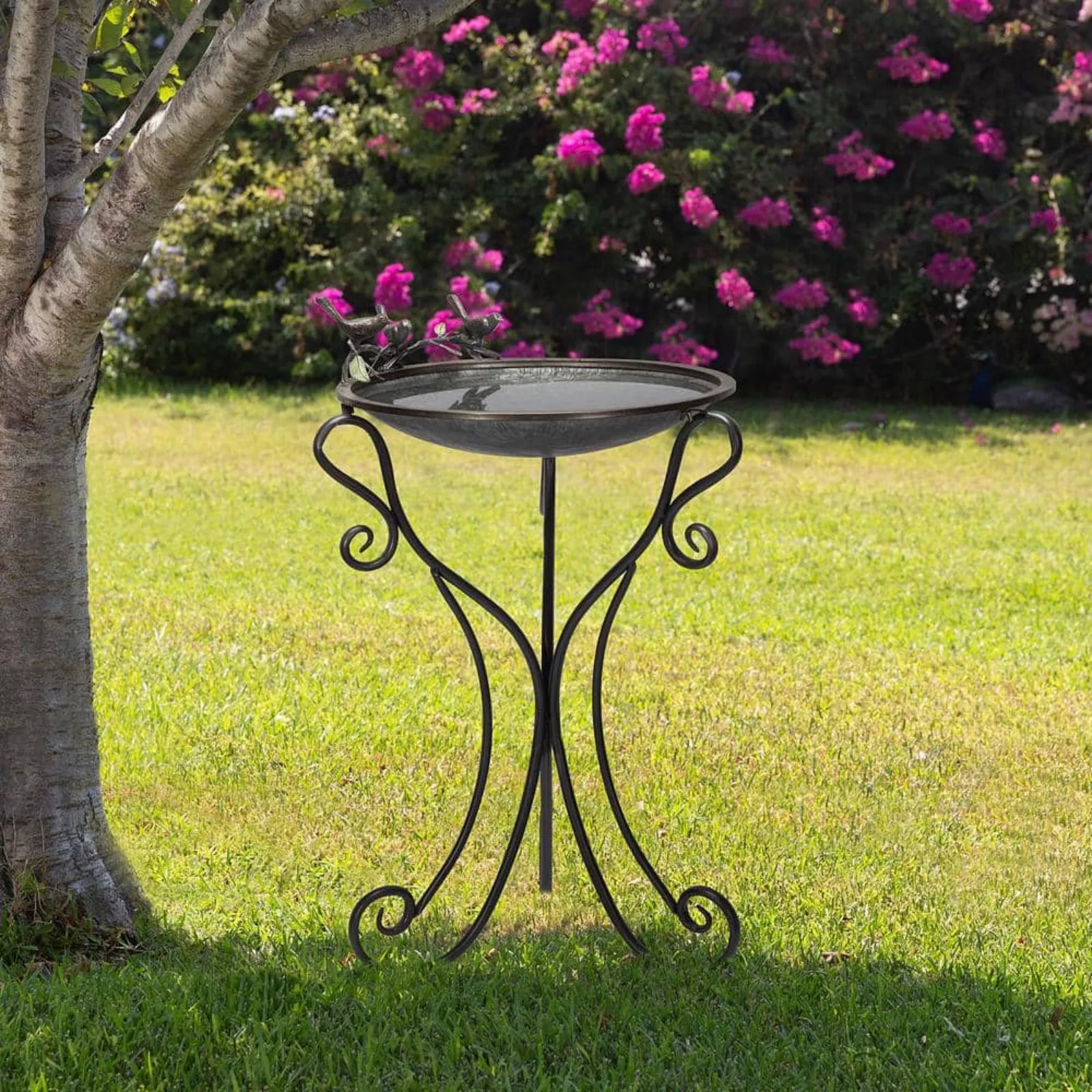 US 36 in. Tall Outdoor Antique Style Galvanized Metal Birdbath Bowl with Bird Figurines