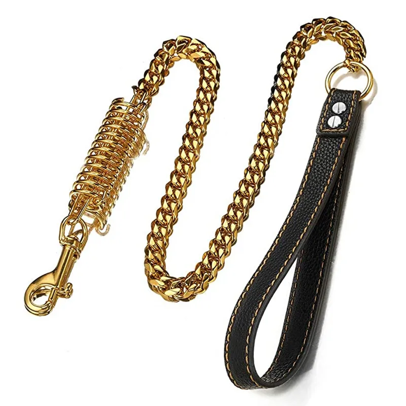 

Gold Tone Dog Leash Shock Absorbing Indestructible Safety Flexi No-Pull Metal with Bungee Buffer Spring Genuine Leather