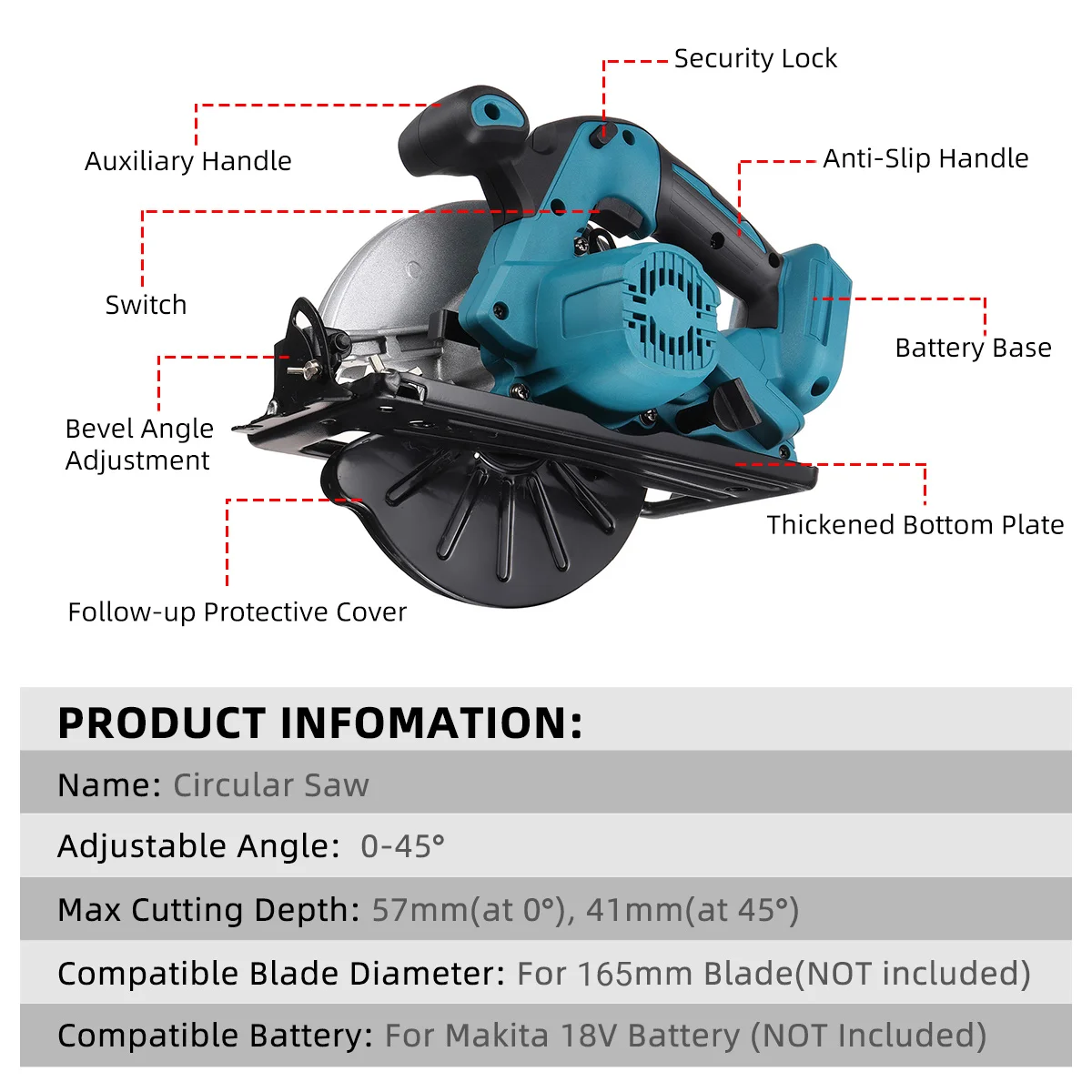 Drillpro 165MM Electric Circular Saw 0-45° Adjustable Angle Dust Passage Handsaw Cutting Machine for Makita 18V Battery