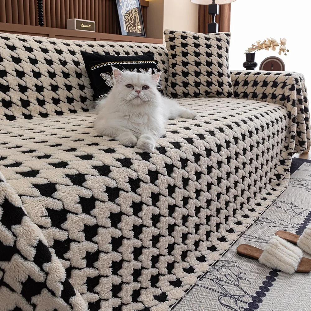 Houndstooth Soft Plush Throws Blankets for Sofa Bohemian Style Jacquard Sofa Cushion Cover Oversized Furniture Protector Blanket