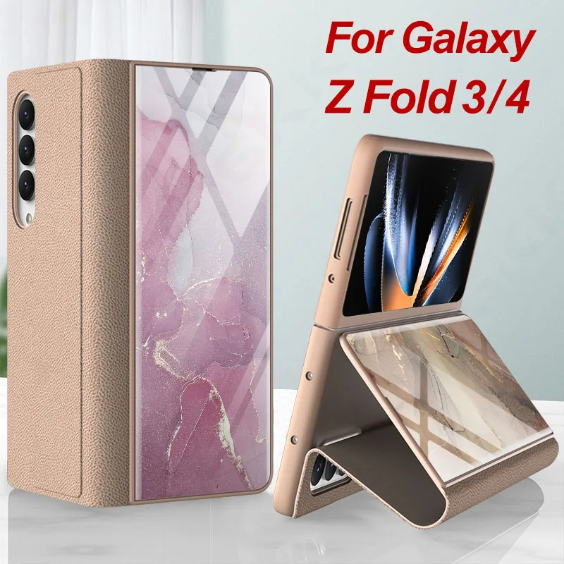 

Роскошный кожаный складной Твердый Чехол-подставка для Samsung Galaxy Z Fold 4 чехол с рисунком из закаленного стекла защитный чехол для Galaxy Z Fold 3