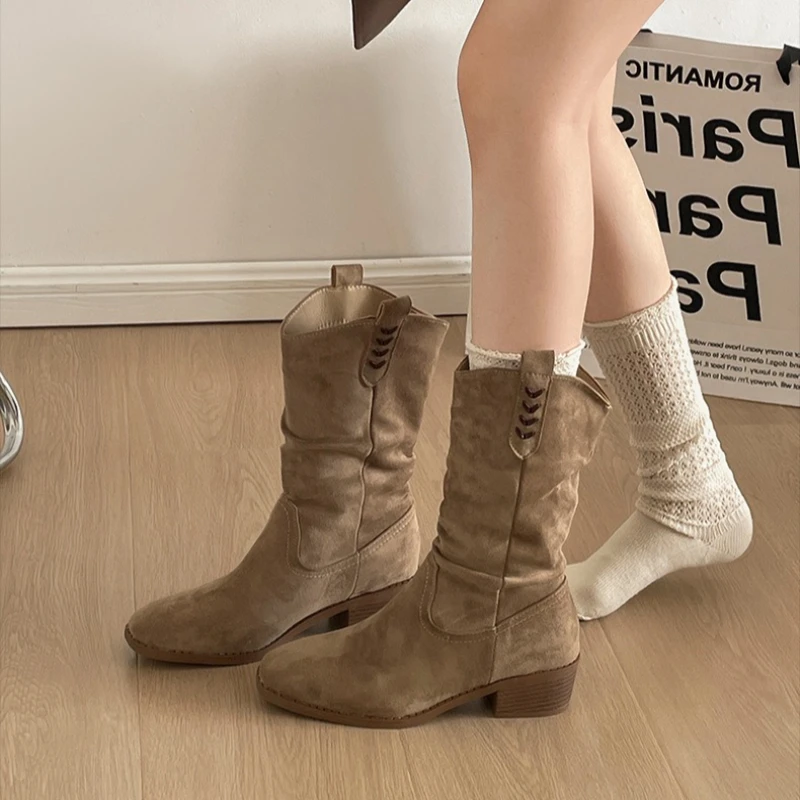 خمر كعب سميك مطوي النساء أحذية بوت قصيرة موضة الارتفاع زيادة فستان أحذية الإناث موجزة الانزلاق على الجوارب فارس