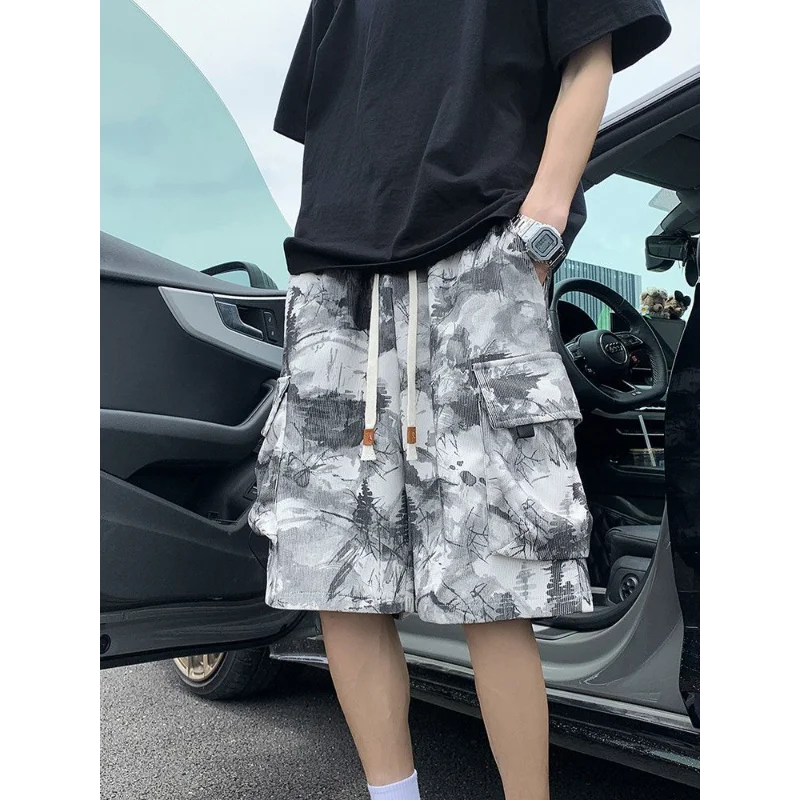 

Men's Corduroy Shorts Black White Abstract Print Elastic Waist Comfortable Casual Summer Shorts