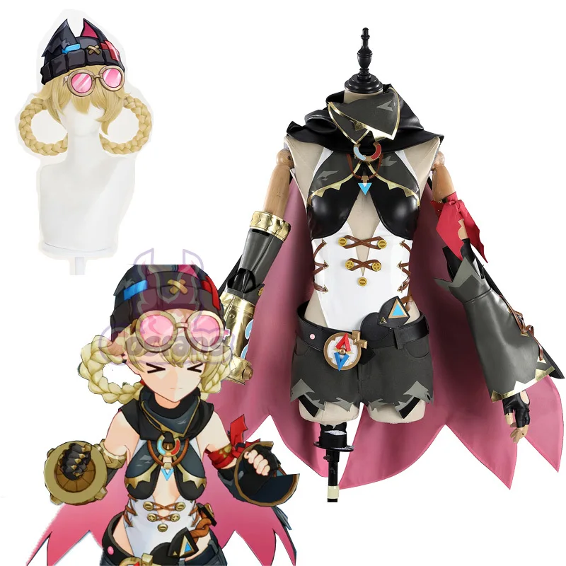 

Game Genshin Impact Jakarta Cosplay Costume Golden Wig Uniform Cloak Hat Glasses Headwear Outfit Halloween Party Girls Props