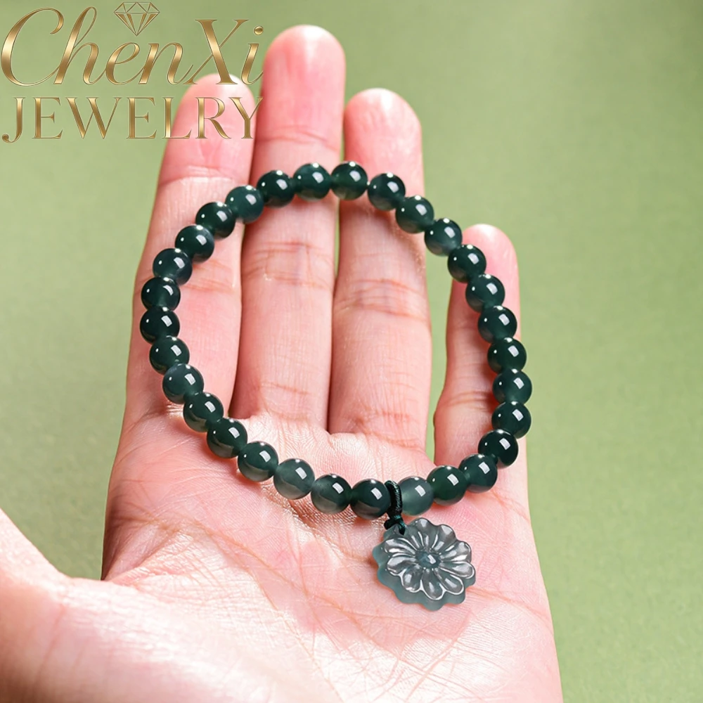 

Natural Grade A Icy Blue Water Jadeite Beaded Bracelet with Flower Charm Best High-End Elegant Fashion Luxury Fine Jewelry Gift