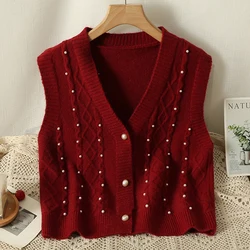 HELIAR Women V-Neck Cardigan Knitted Vest Sleeveless Buttons Up Beading Pearls Solid Waistcoat Casual Sweater Vest Fall Winter