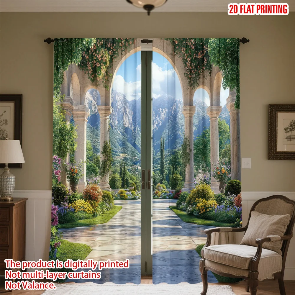 

2D flat printing 2pcs Party Curtains Arched Garden with Mountains Digital Printed Polyester Drapes Seasonal Party & Holiday