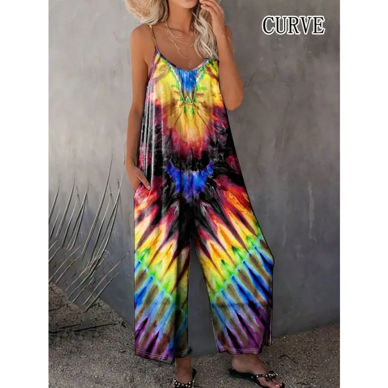 

Plus Size 1XL-5XL Women's Fashionable Slim Shoulder Strap Tie Dye Printed Casual Comfortable Suspender Jumpsuit
