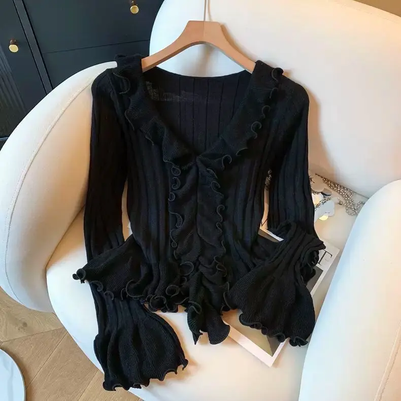 Pure Sweet Fungus V Neck Knitted Tops Women Autumn Slim Fit Long Sleeve Base Sweater Temperament Solid Pullover